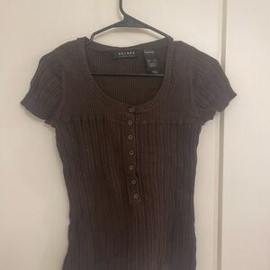 Vintage Y2K Minimalist Sweater Blouse Dark Brown Ribbed